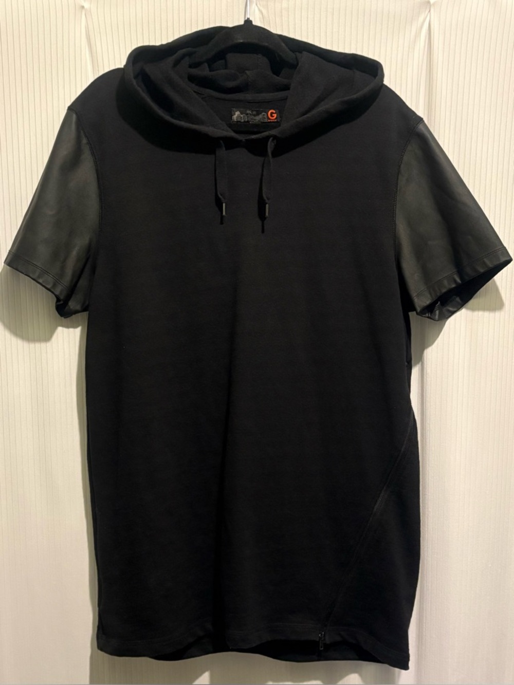 G By Guess - Hooded Shirt With Faux Leather Short Sleeves Black - Large